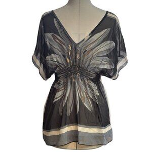 Semi-Sheer Floral Handkerchief Blouse Women's XS (0-2) Black Gray Boho Indie Hip